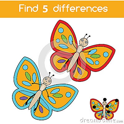 Find the differences educational children game. Kids activity sheet with butterfly Vector Illustration