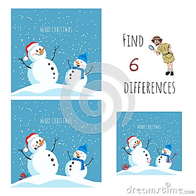 Find 6 differences. Educational game for children. Cartoon snowman in santa hat. Christmas puzzle Vector Illustration