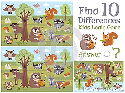 Find differences educational kids game with forest animal characters vector illustration Vector Illustration