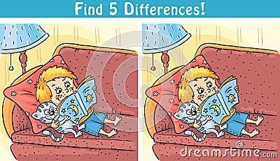 Find differences game with a cartoon boy reading a book Vector Illustration