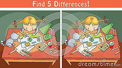 Find differences game with a cartoon girl drawing a picture Vector Illustration