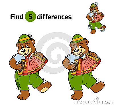 Find differences, game for children (bear and accordion) Vector Illustration