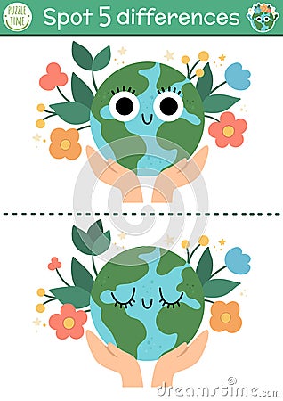 Find differences game for children. Ecological educational activity with cute planet in hands. Earth day puzzle for kids with Vector Illustration