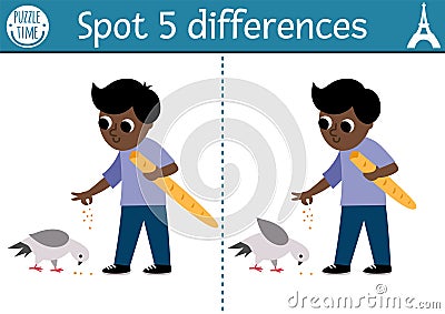 Find differences game for children. Educational activity with cute boy feeding pigeon with baguette. Puzzle for kids with funny Vector Illustration