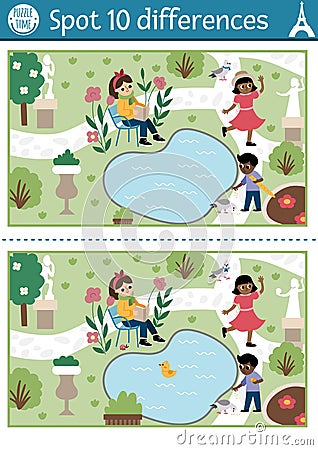 Find differences game for children. Educational activity with cute scene in park. Puzzle for kids with funny French people, Vector Illustration