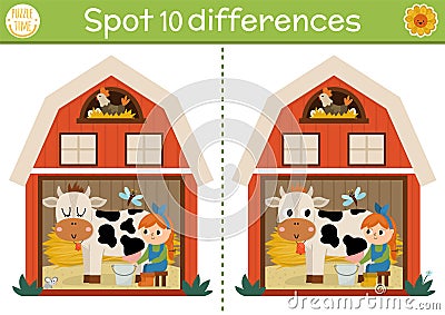 Find differences game for children. On the farm educational activity with cute barn house, girl milking cow. Farm puzzle for kids Vector Illustration