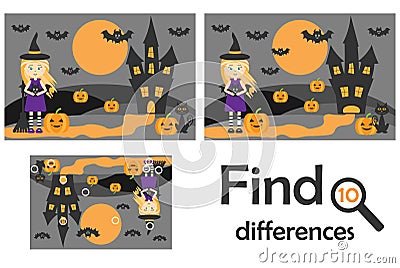 Find 10 differences, game for children, halloween picture in cartoon style, education game for kids, preschool worksheet activity, Cartoon Illustration