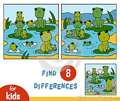 Find differences, game for children, Nine frogs Vector Illustration