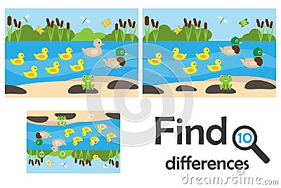 Find 10 differences, game for children, pond with ducks cartoon, education game for kids, preschool worksheet activity, task for Stock Photo