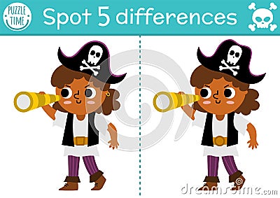 Find differences game for children. Sea adventures educational activity with cute pirate girl with telescope. Puzzle for kids with Vector Illustration