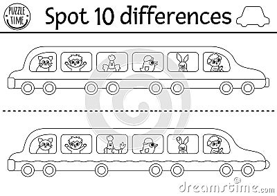Find differences game for children. Transportation black and white activity with cute limousine, passengers, driver. Coloring page Vector Illustration