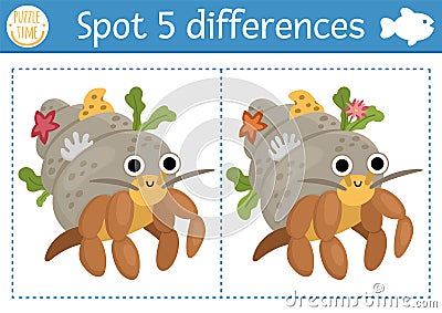 Find differences game for children. Under the sea educational activity with cute hermit crab. Ocean life puzzle for kids with Vector Illustration