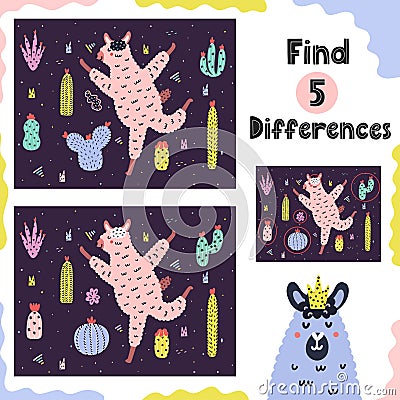 Find 5 differences game for kids with funny alpaca Vector Illustration