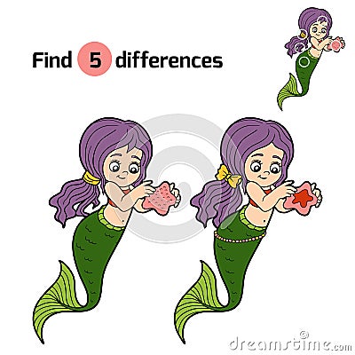 Find differences game (little girl mermaid) Vector Illustration