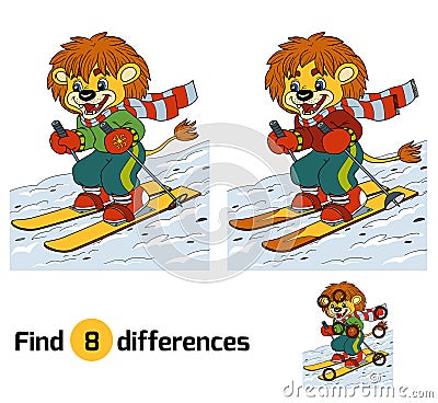 Find differences game: little lion skiing Vector Illustration