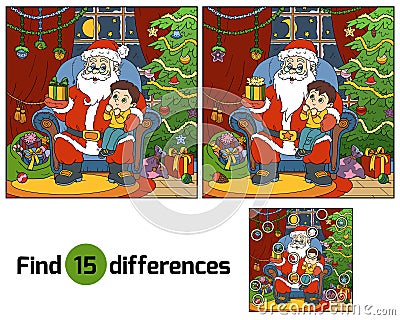 Find differences game: Santa Claus gives a gift a little boy Vector Illustration