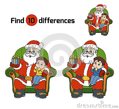 Find differences game: Santa Claus gives a gift a little boy Vector Illustration