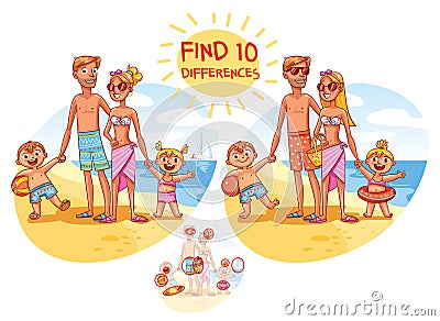 Find the 10 differences. Happy family on vacation Vector Illustration