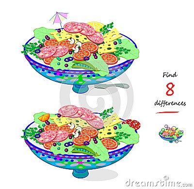 Find 8 differences. Illustration of delicious French salad. Logic puzzle game for children and adults. Page for kids brain teaser Vector Illustration