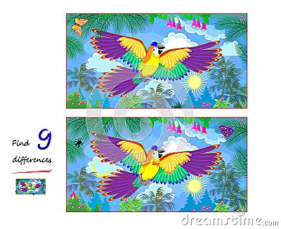 Find 9 differences. Illustration of flying parrot in jungle. Logic puzzle game for children and adults. Page for kids brain teaser Stock Photo