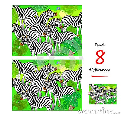 Find 8 differences. Illustration of herd of zebras. Logic puzzle game for children and adults. Page for kids brain teaser book. Vector Illustration