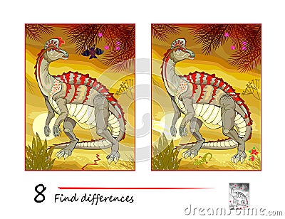 Find 8 differences. Illustration of prehistoric extinct dinosaur corythosaurus. Logic puzzle game for children and adults. Page Vector Illustration