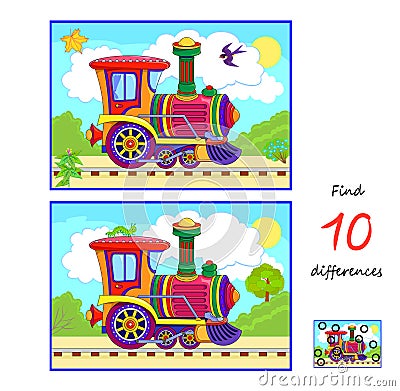 Find 10 differences. Illustration of toy locomotive. Logic puzzle game for children and adults. Page for kids brain teaser book. Vector Illustration