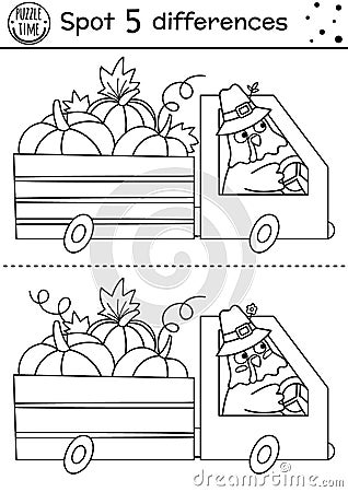 Find differences line game for children. Thanksgiving coloring activity with funny turkey driving a van with pumpkins. Fall Vector Illustration