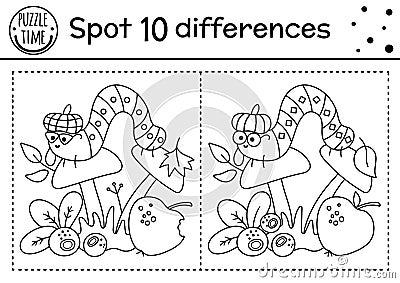 Find differences line game for kids. Black and white autumn forest activity with caterpillar and mushroom. Printable worksheet Vector Illustration