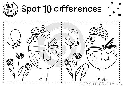 Find differences line game for kids. Black and white Autumn forest educational activity with bird, moth, flowers. Printable Vector Illustration