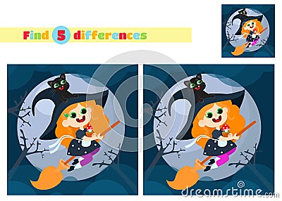 Find the differences. A little witch flies on a broom at night. Halloween character. Educational games for children in schools Vector Illustration