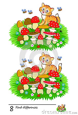 Find 8 differences. Logic puzzle game for children and adults. Brain teaser book for kids. Illustration of a cute little kitten Vector Illustration