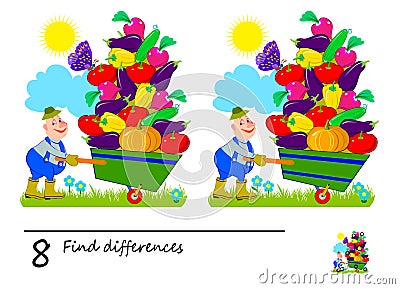 Find 8 differences. Logic puzzle game for children and adults. Brain teaser book for kids. Illustration of a happy gardener and Vector Illustration