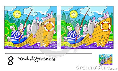 Find 8 differences. Logic puzzle game for children and adults. Page for kids brain teaser book. Illustration of a man fishing in Vector Illustration