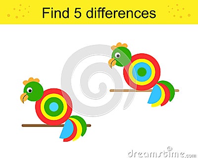 Find 5 differences. Logic puzzle game for kids. Cartoon parrots Vector Illustration