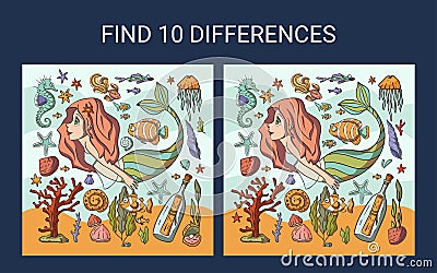Find 10 differences. Mermaid sea game. Vector Illustration