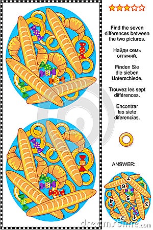 Find the differences picture puzzle with baked goods Vector Illustration