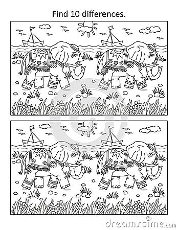 Find the differences picture puzzle and coloring page with two elephants walking along the seashore. Black and white. Stock Photo