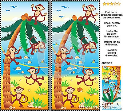 Find the differences picture puzzle - monkeys, beach, coconut palm