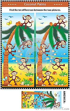 Find the differences picture puzzle with monkeys, beach, coconuts Vector Illustration