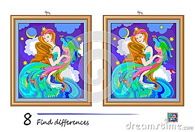 Find 8 differences. Portrait of a beautiful fairy. Logic puzzle game for children and adults. Page for kids brain teaser book. Vector Illustration