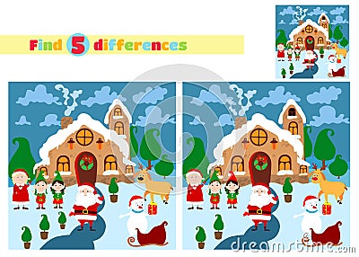 Find the differences. Santa Claus house close with Santa, wife, elves, snowman, deer and sled. Vector Illustration