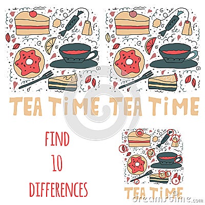 Find 10 differences. Set of sweet stuffs. Cakes, donuts, tea and sweets. Vector Illustration