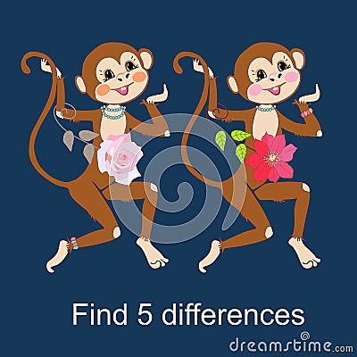 Find differences. Visual game for children and adults with cheerful unusual characters. Vector Illustration