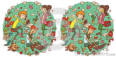 Find 20 Differences Visual Game. Solution in hidden layer Vector Illustration