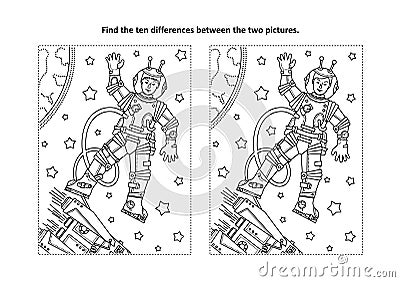 Find the differences visual puzzle and coloring page with astronaut or cosmonaut Vector Illustration