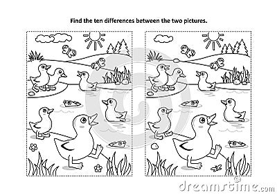Find the differences visual puzzle and coloring page with ducklings on the pond Vector Illustration