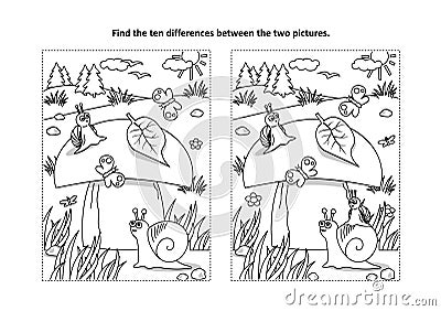 Find the differences visual puzzle and coloring page with mushroom and snails Vector Illustration