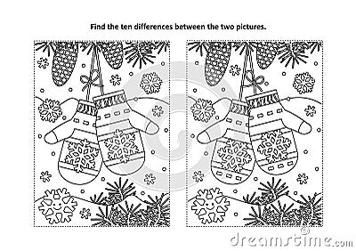 Find the differences visual puzzle and coloring page with Santa`s mittens Vector Illustration