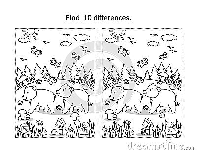 Two bear cubs find the differences picture puzzle and coloring page Vector Illustration